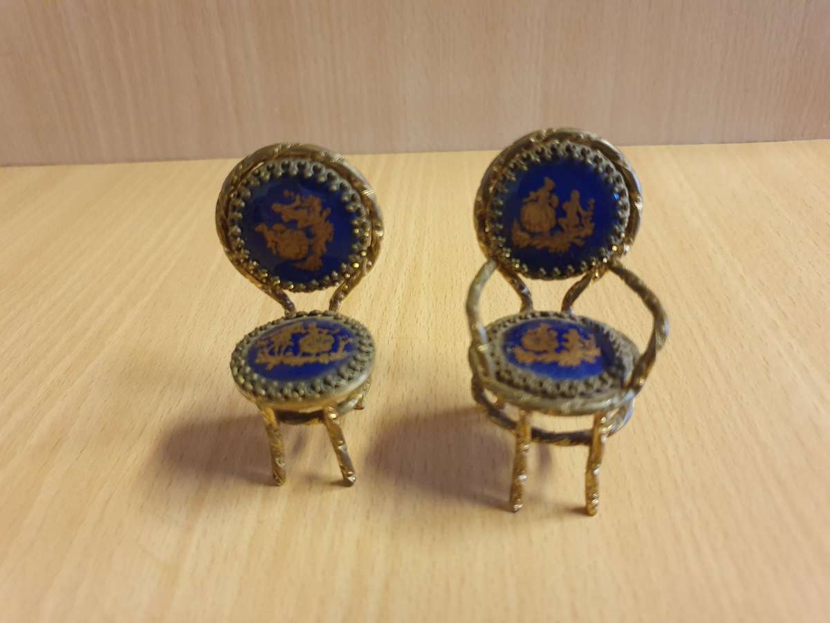 Set of 3 Miniature Limoges Gilt and Cobalt Blue Enameled Porcelain Table and Chairs