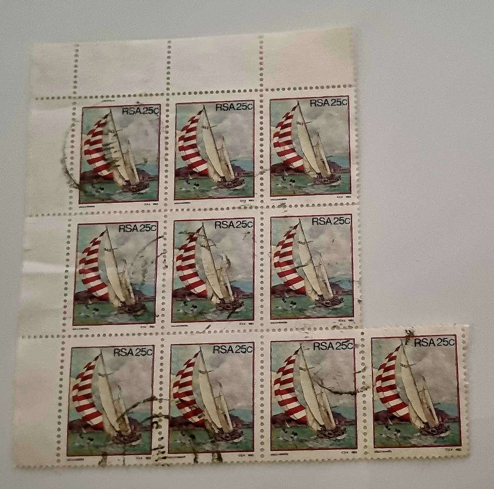 Block of 10 1983 RSA 25c Yacht Stamps