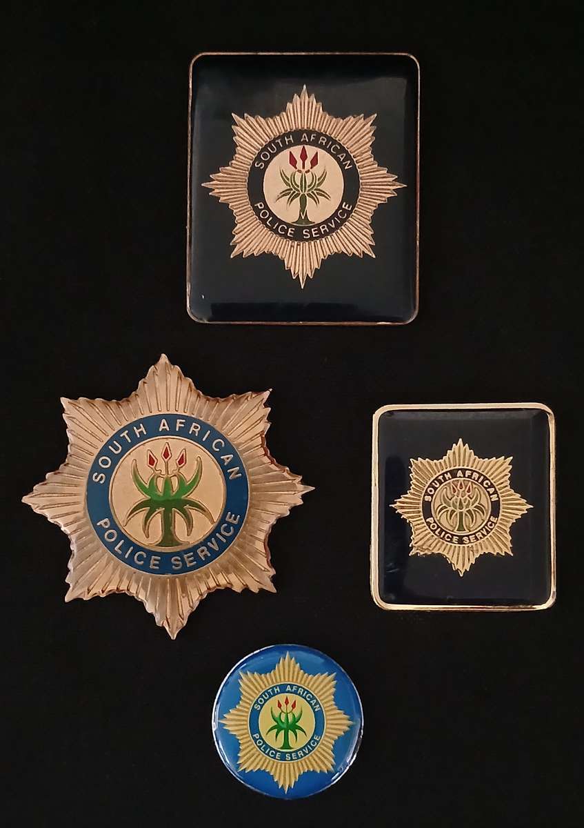 SOUTH AFRICAN POLICE BADGES   ( 3 BRASS + 1 METAL )                 L280