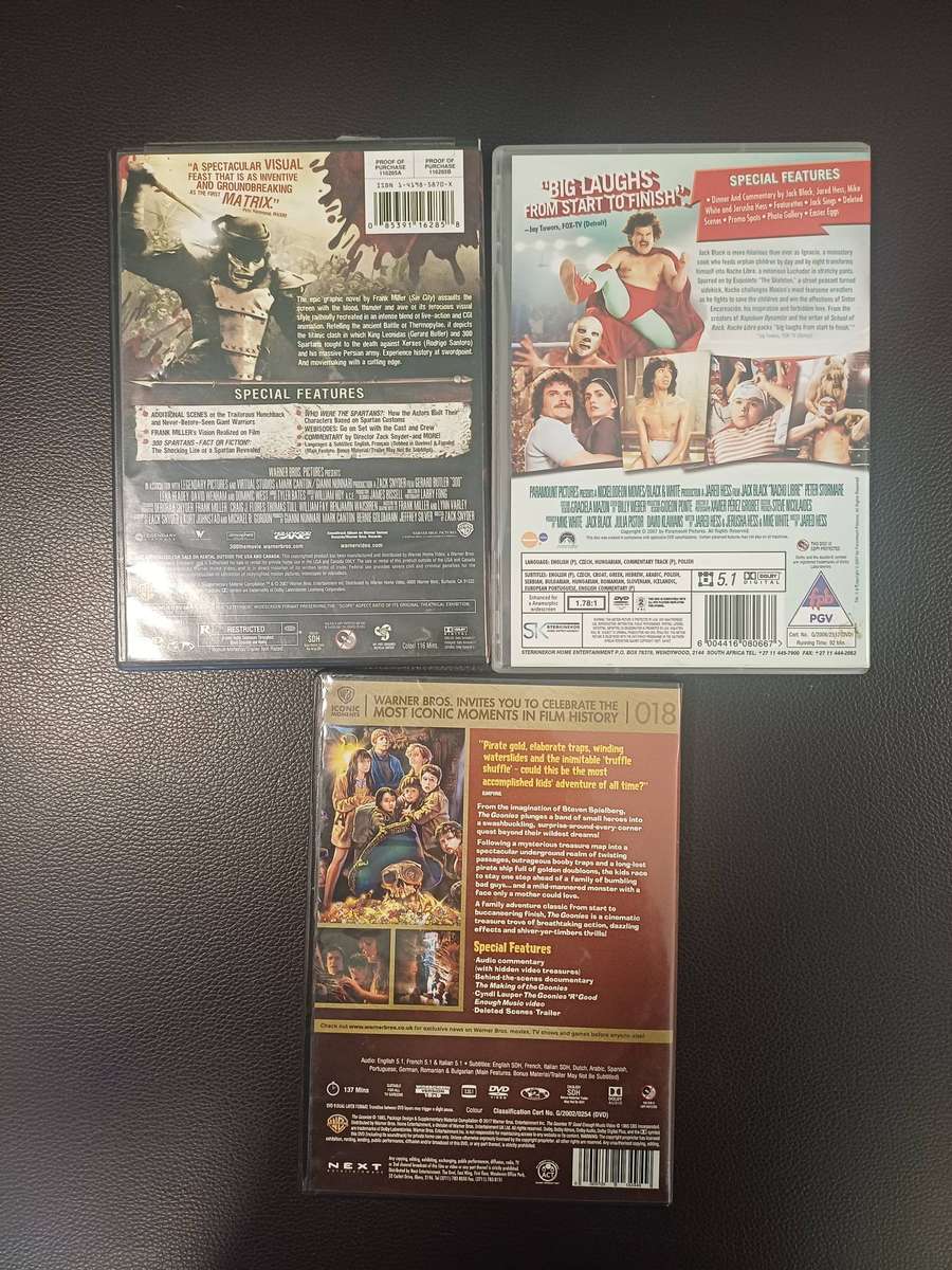 3 DVD Bundle cult classics (300 2 disc , The Goonies, Nacho Libre)