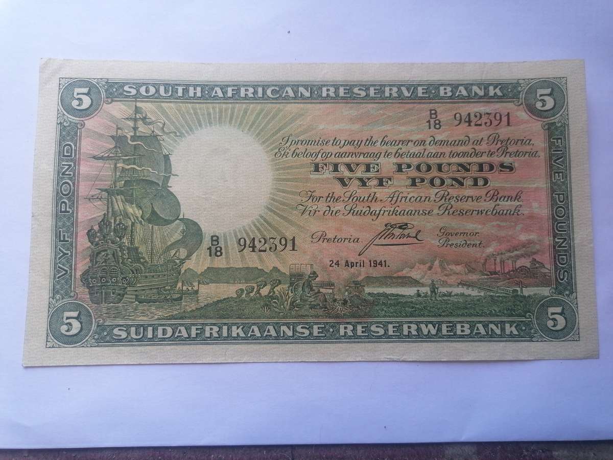 1941 SCARCE J. POSTMUS FIVE POUND BANKNOTE.STUNNING CONDITION