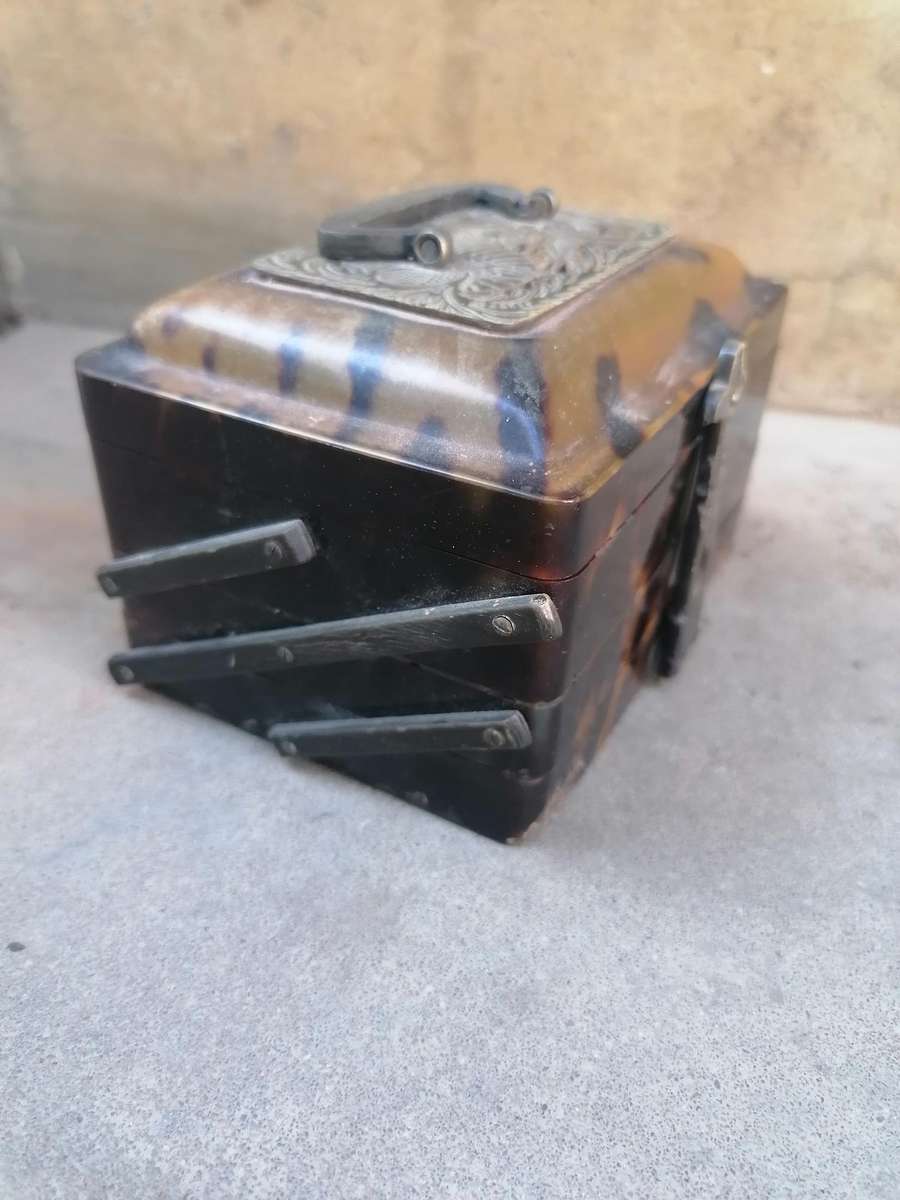 Antique Chinese Natural Animal Shell 3 Tier Box w/Carved Dragon