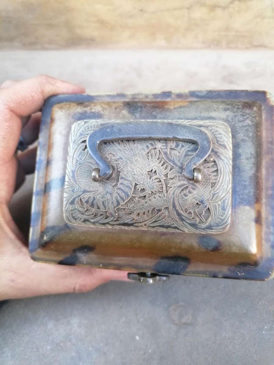 Antique Chinese Natural Animal Shell 3 Tier Box w/Carved Dragon