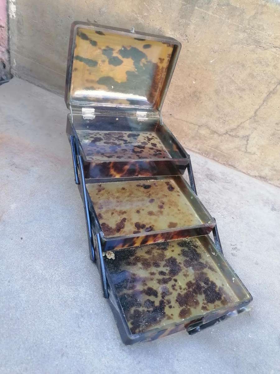 Antique Chinese Natural Animal Shell 3 Tier Box w/Carved Dragon