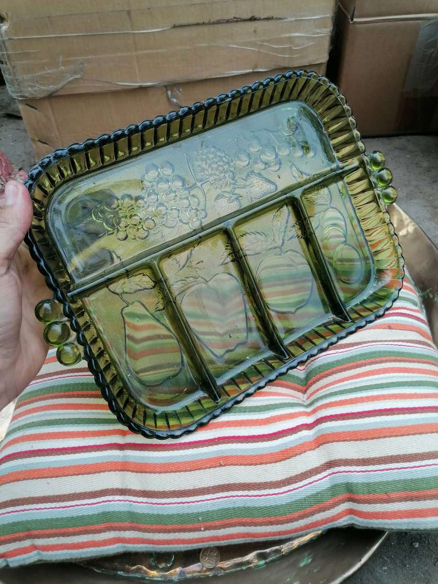 Beautiful Green Glass Serving Tray fruits large divided dish mid-century
