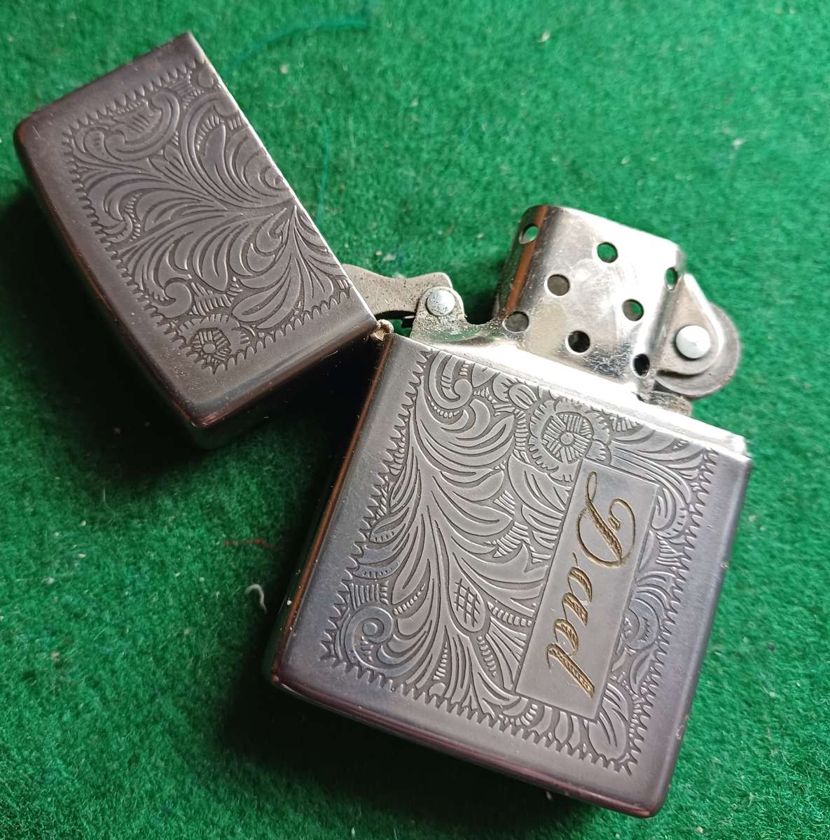 Zippo Lighter antique finish, engraved "Dad."