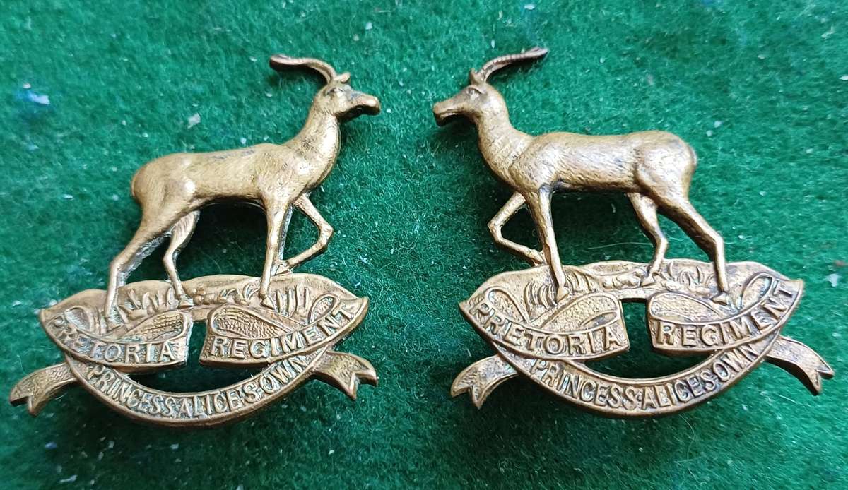 SA UDF Pretoria Regt Princess Alice's own brass collars facing pair