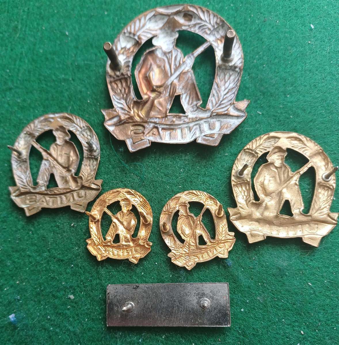 SA Commando set of brass cap badge, collars and mess dress collars with balkie, all pins.