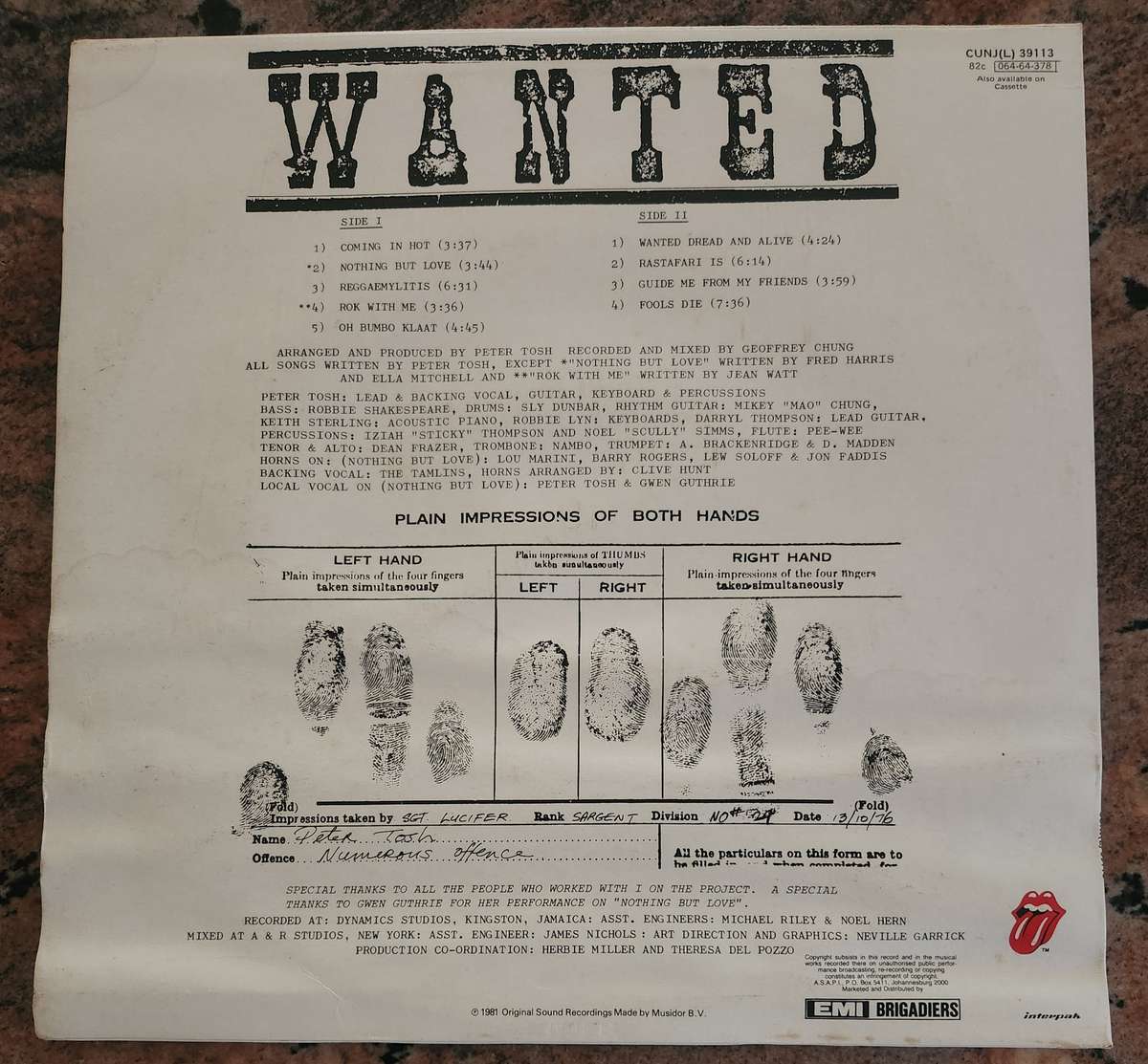 PETER TOSH Wanted Dread and Alive (VG/VG) SLEEVE DAMP DAMAGED - CUNJ(L) 39113 SA Press 1981