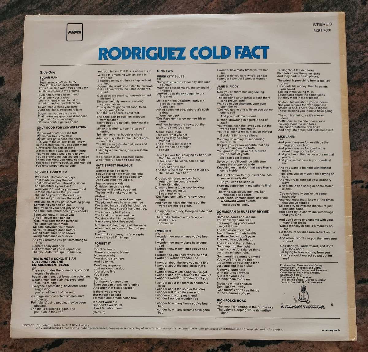 RODRIGUEZ Cold Fact (VG/VG) Sussex SXBS 7000 SA Pressing