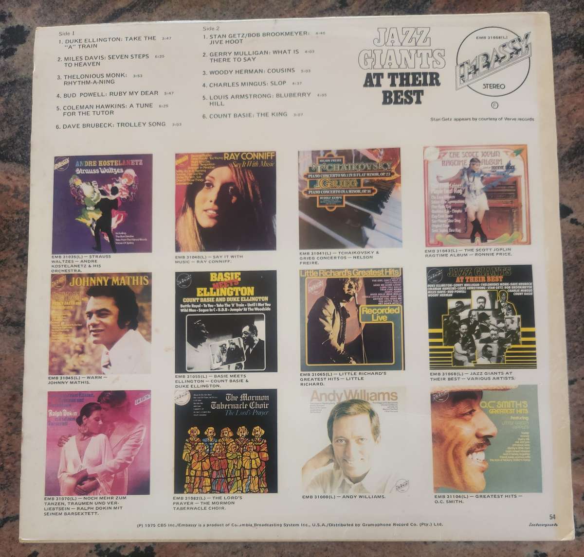 JAZZ GIANTS At Their Best - Various Original Artists (VG+/VG+) Embassy EMB 31068 (L) SA Pressing