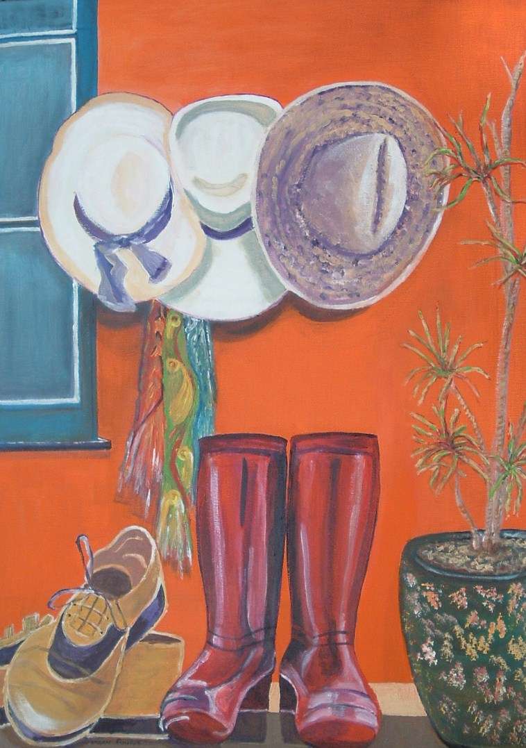 Original acrylic painting Shoes and hats (594mmx420mmx18mm) by Doreen Fourie