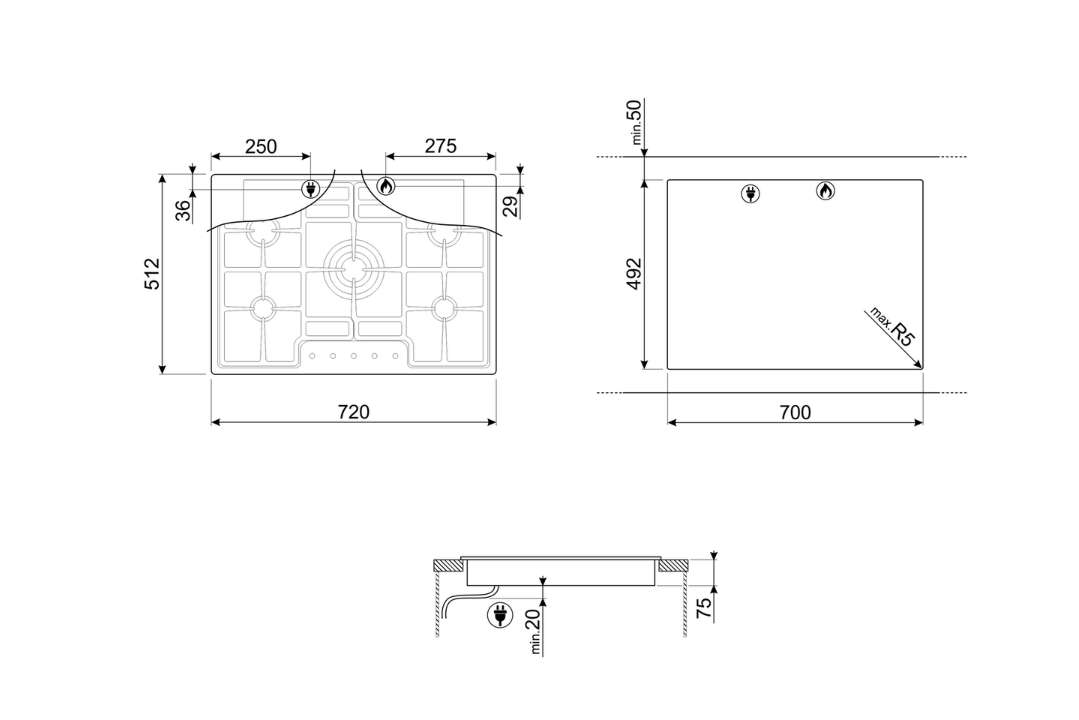 Smeg 70cm Ultra-low Profile Stainless Steel 5 Burner Gas Hob - PGF75SA