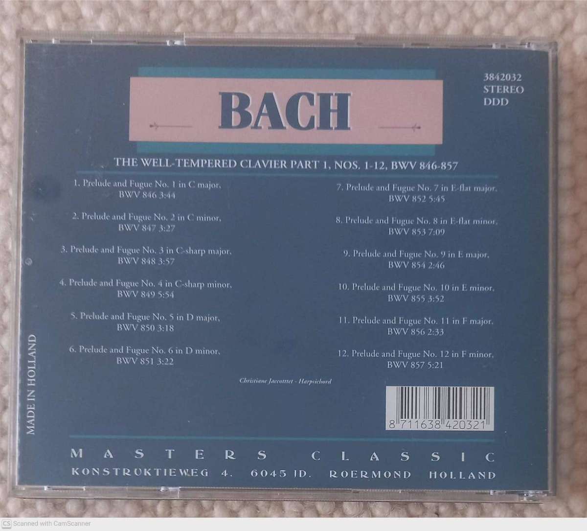 J. S. Bach -- The Well-tempered Clavier Part I, Nos 1-12, BWV 846-857 (CD)