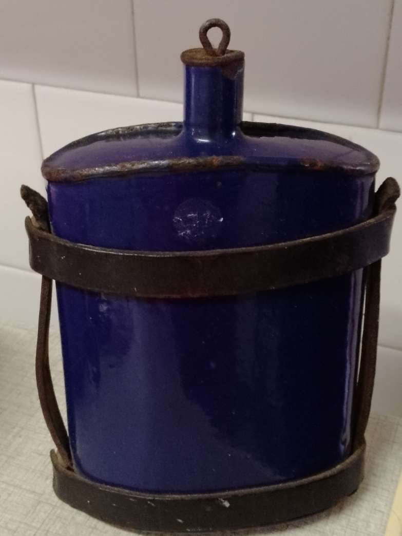 Antique Royal Blue Enamel Water Bottle with Original Stopper