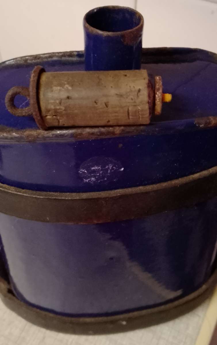 Antique Royal Blue Enamel Water Bottle with Original Stopper