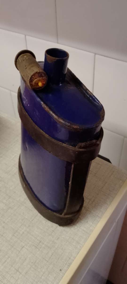 Antique Royal Blue Enamel Water Bottle with Original Stopper