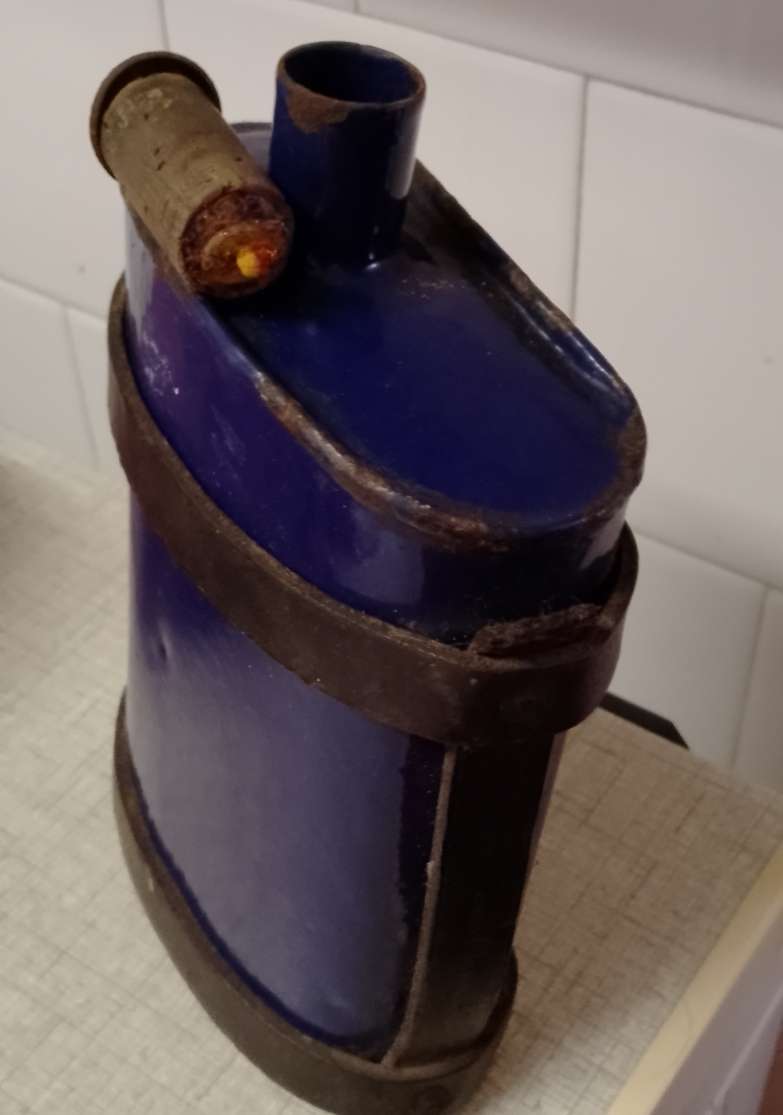 Antique Royal Blue Enamel Water Bottle with Original Stopper