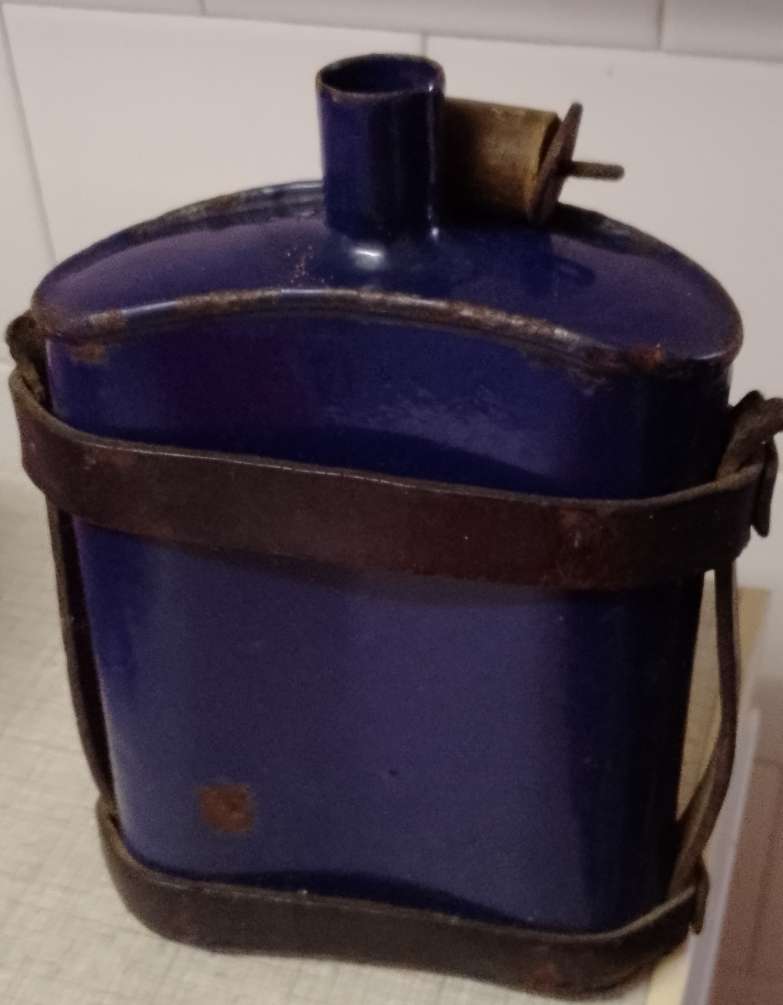 Antique Royal Blue Enamel Water Bottle with Original Stopper