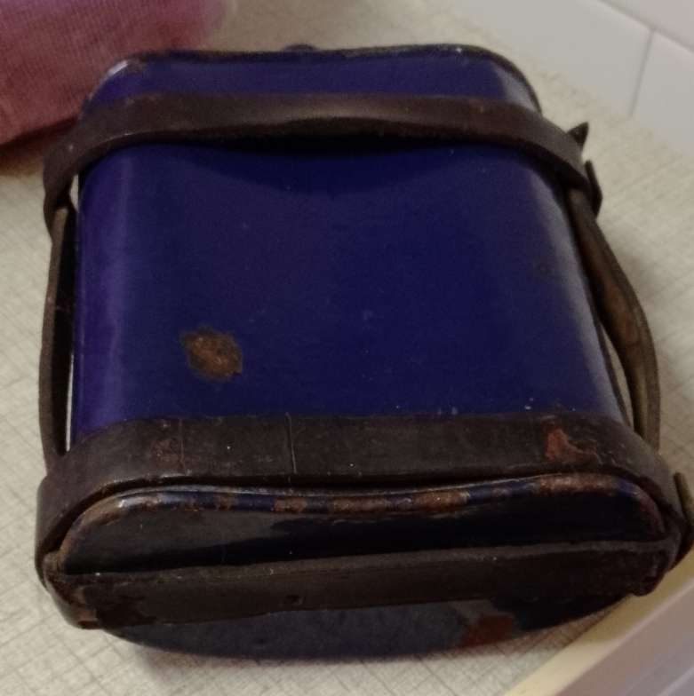 Antique Royal Blue Enamel Water Bottle with Original Stopper