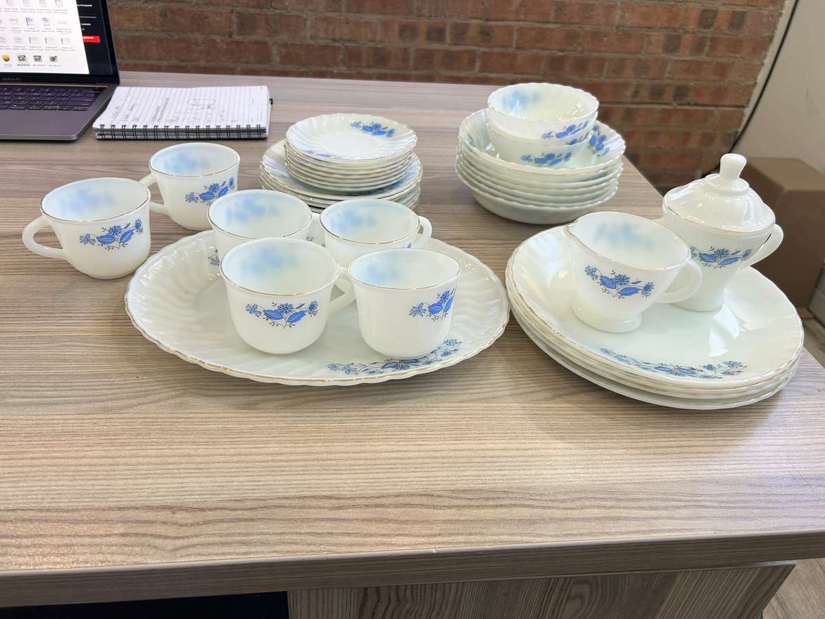 Vintage Milk Glass blue flower China set