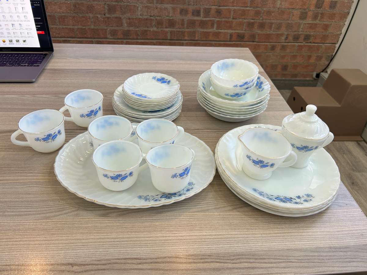 Vintage Milk Glass blue flower China set