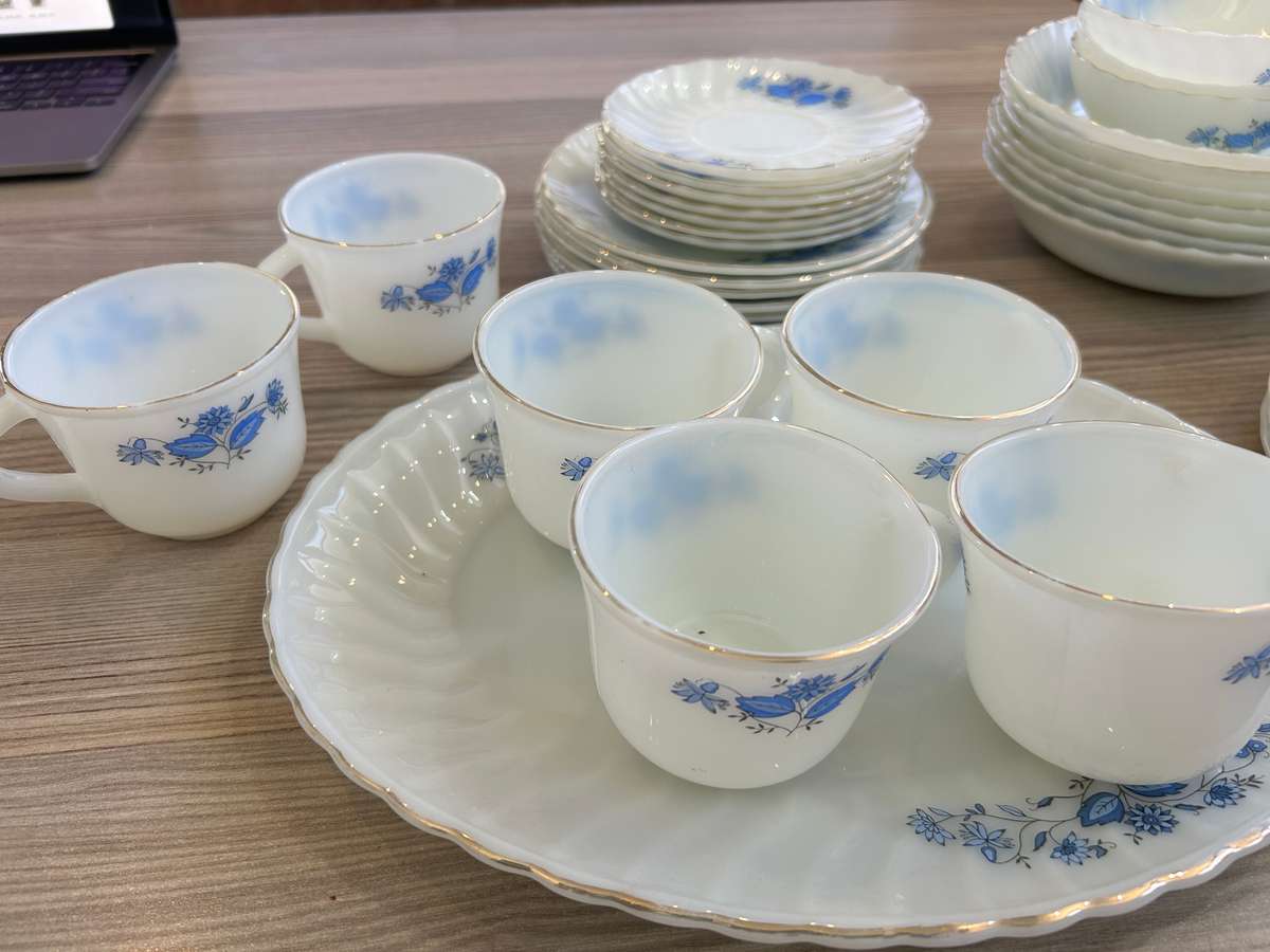 Vintage Milk Glass blue flower China set