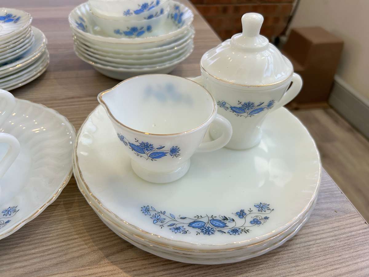 Vintage Milk Glass blue flower China set