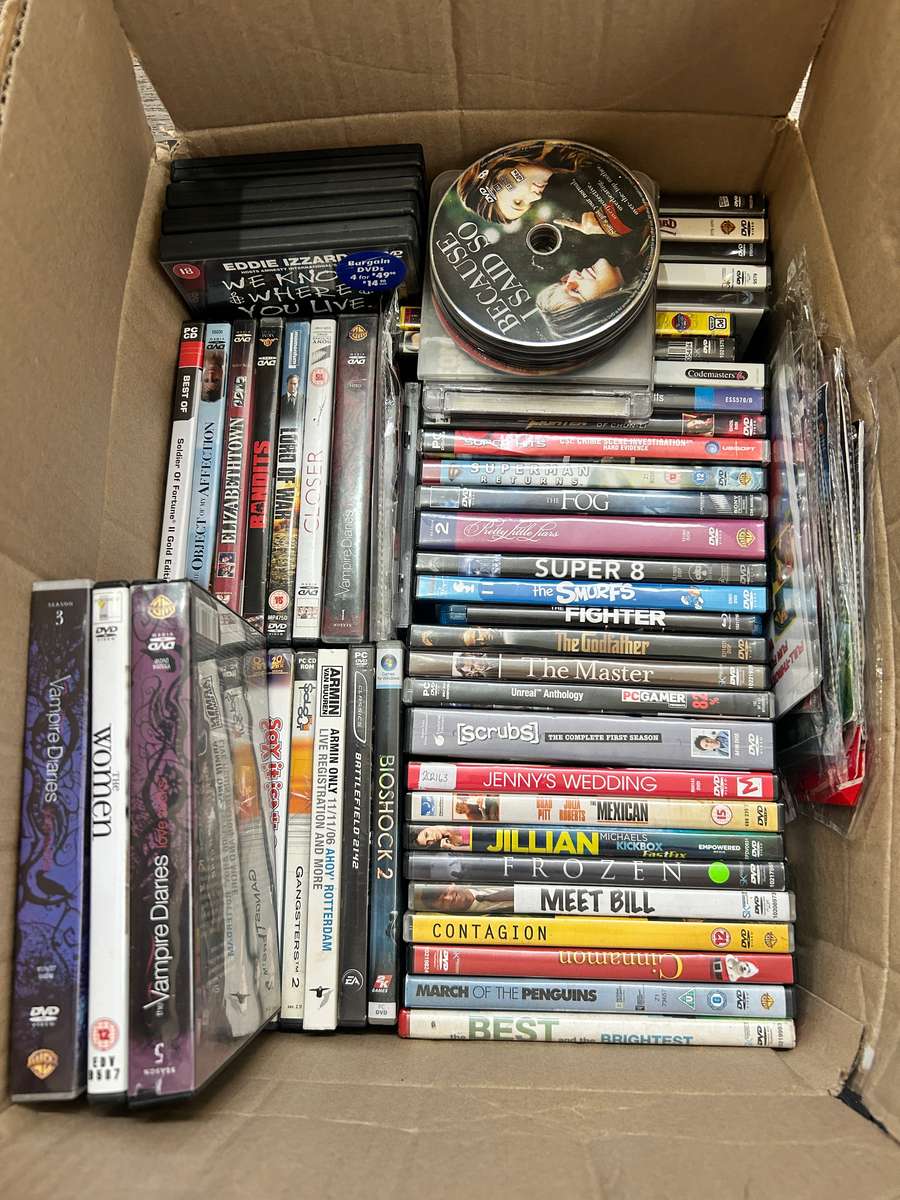 Box of DVDs & DVD player