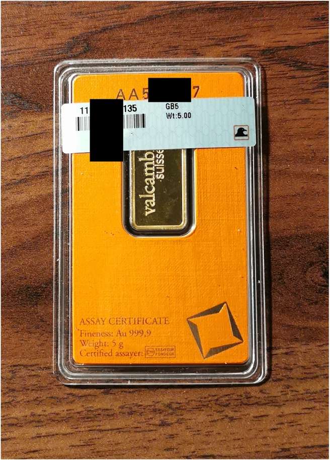 5 gram 24kt .999 Fine Gold Bar - Valcambi Suisse - Country of Origin UAE (Assay and Certified)