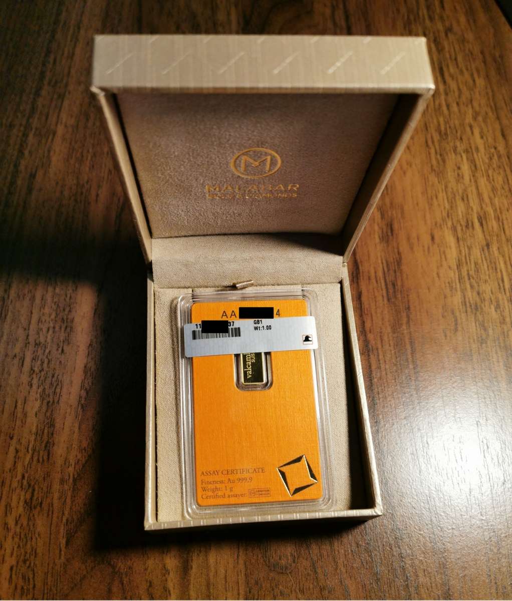 1 gram 24kt .999 Fine Gold Bar - Valcambi Suisse - Country of Origin UAE (Assay and Certified)