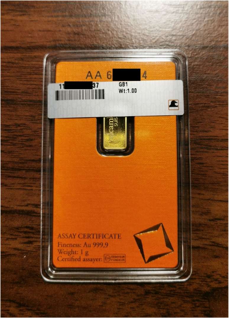 1 gram 24kt .999 Fine Gold Bar - Valcambi Suisse - Country of Origin UAE (Assay and Certified)