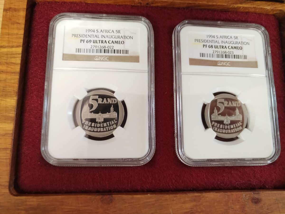 Mandela Presidential Inauguration R5 Proof set, PF69 and PF68  as per picture
