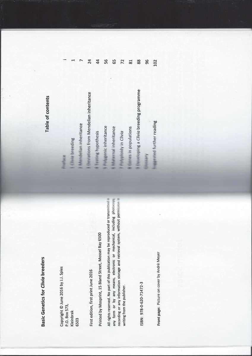 Book - Basic Genetics for Clivia Breeders - Johan Spies First Addition First print 2016 102 Page