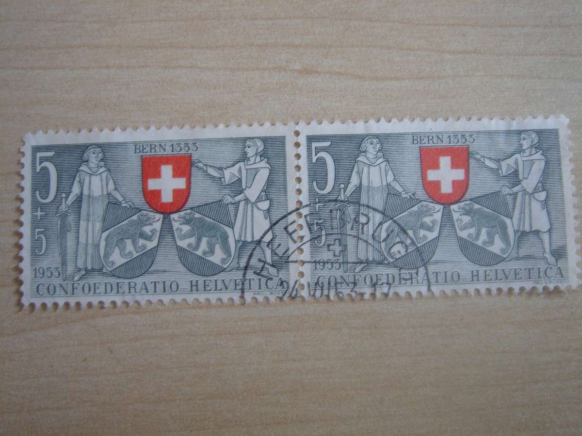 1953 Helvetia - Arms of Glarus & Zug - 5+5 horizontal pair used, stamped