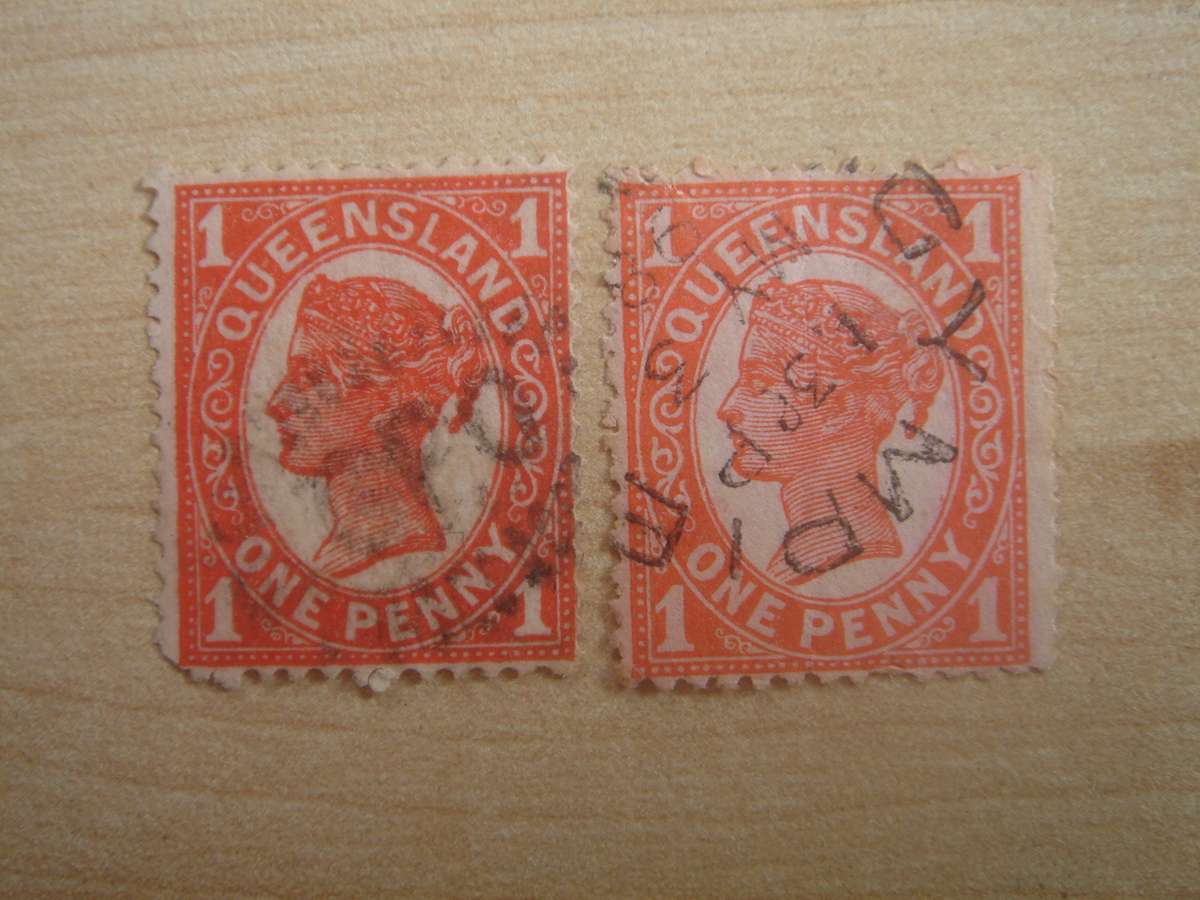 1895 Queensland 2 x 1d different color tones, used, stamped