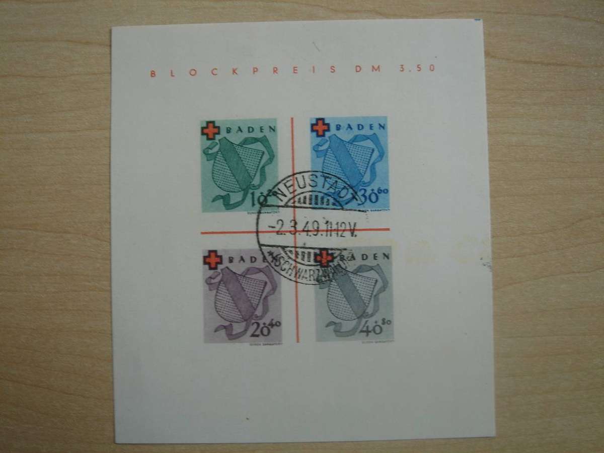 1949 FBZ - Baden MiNr 42-45 B in Block 2 Type I stamped