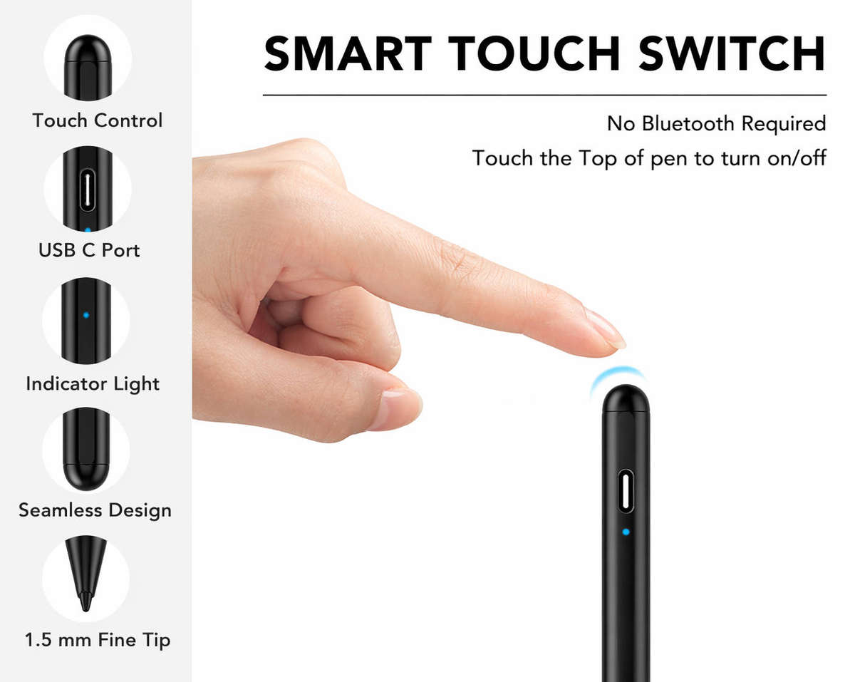 Active Stylus Pen for iPad (2018 & Newer)  Palm Rejection, Fast Charging, Fine Tip  Black