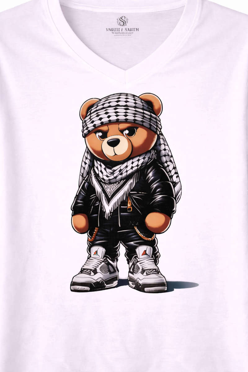 Mens Graphic T-Shirt  Streetwear Bear Patterned Scarf Print Tee  White Cotton  Smith & Smith
