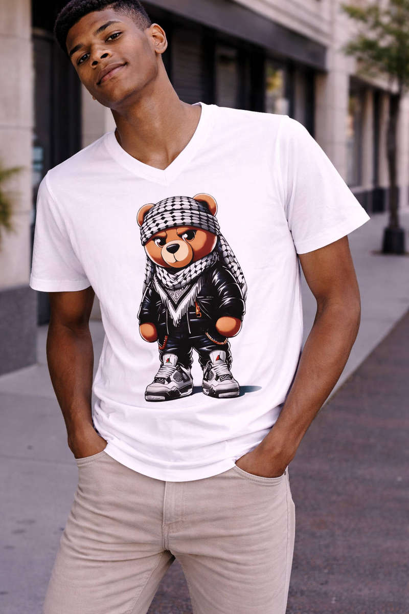Mens Graphic T-Shirt  Streetwear Bear Patterned Scarf Print Tee  White Cotton  Smith & Smith