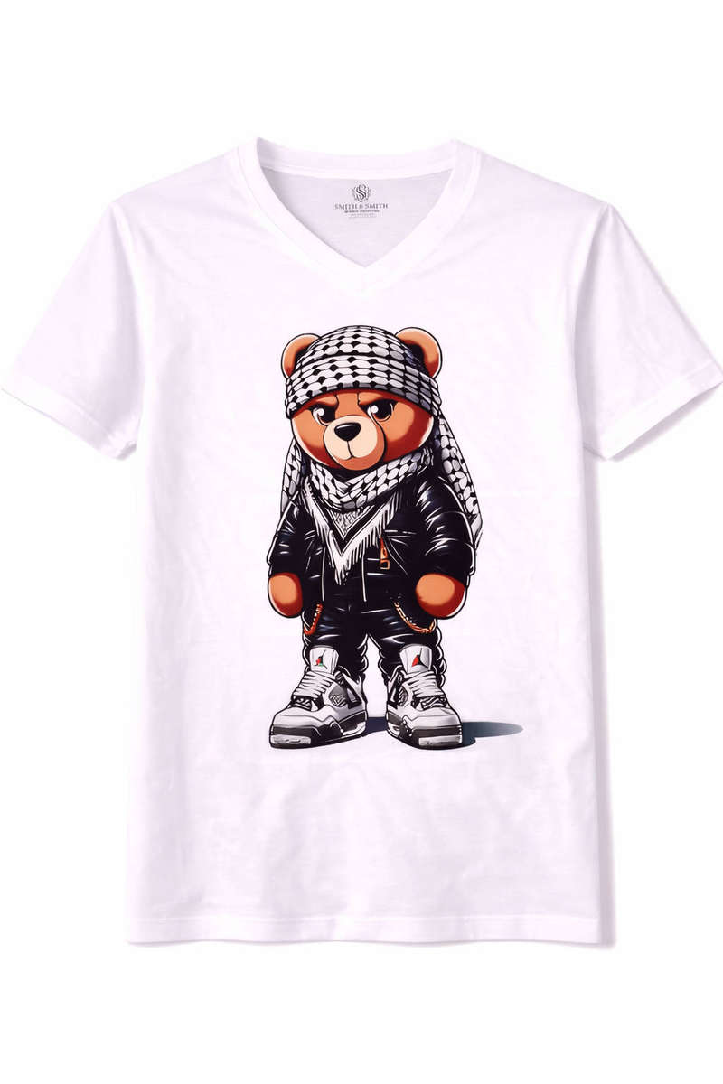 Mens Graphic T-Shirt  Streetwear Bear Patterned Scarf Print Tee  White Cotton  Smith & Smith
