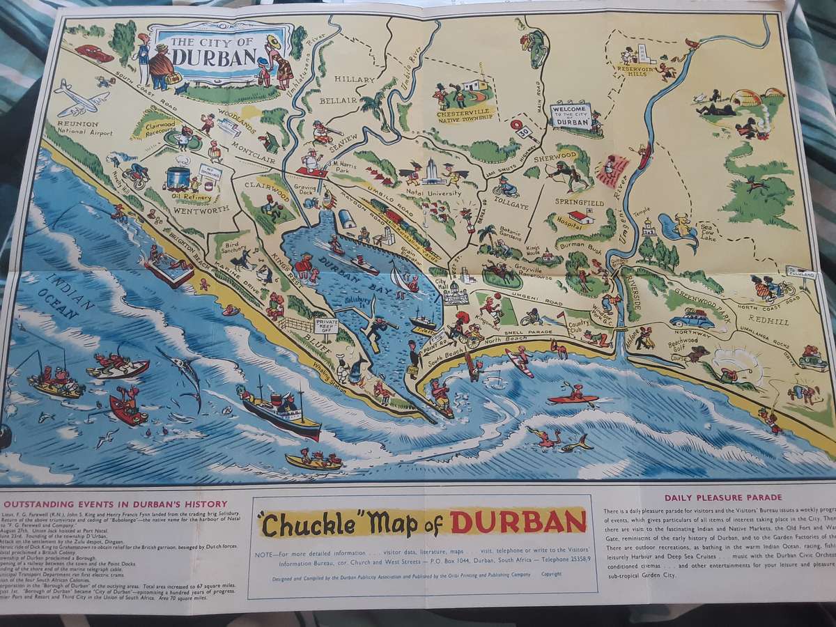 2 Items Durban Euphameria, City of Sunshine Durban Chuckle Map 1953 & Durban Shaw Savill brochure