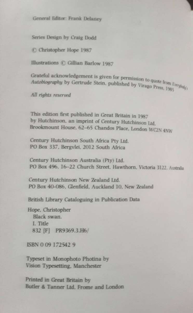 Black Swan by Christopher Hope ***First Edition ***