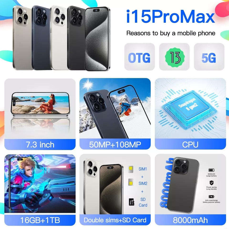 i15 Pro Max 7.3" 16GB RAM+1TB ROM 5G Global Unlocked Android Smartphone
