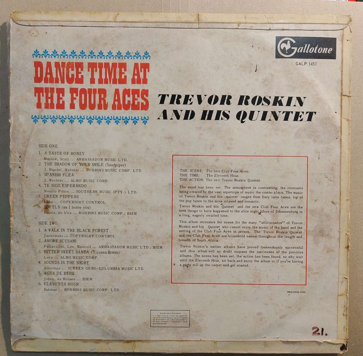 TREVOR ROSKIN AND HIS QUINTET - DANCE TIME AT THE FOUR ACES -G/VG