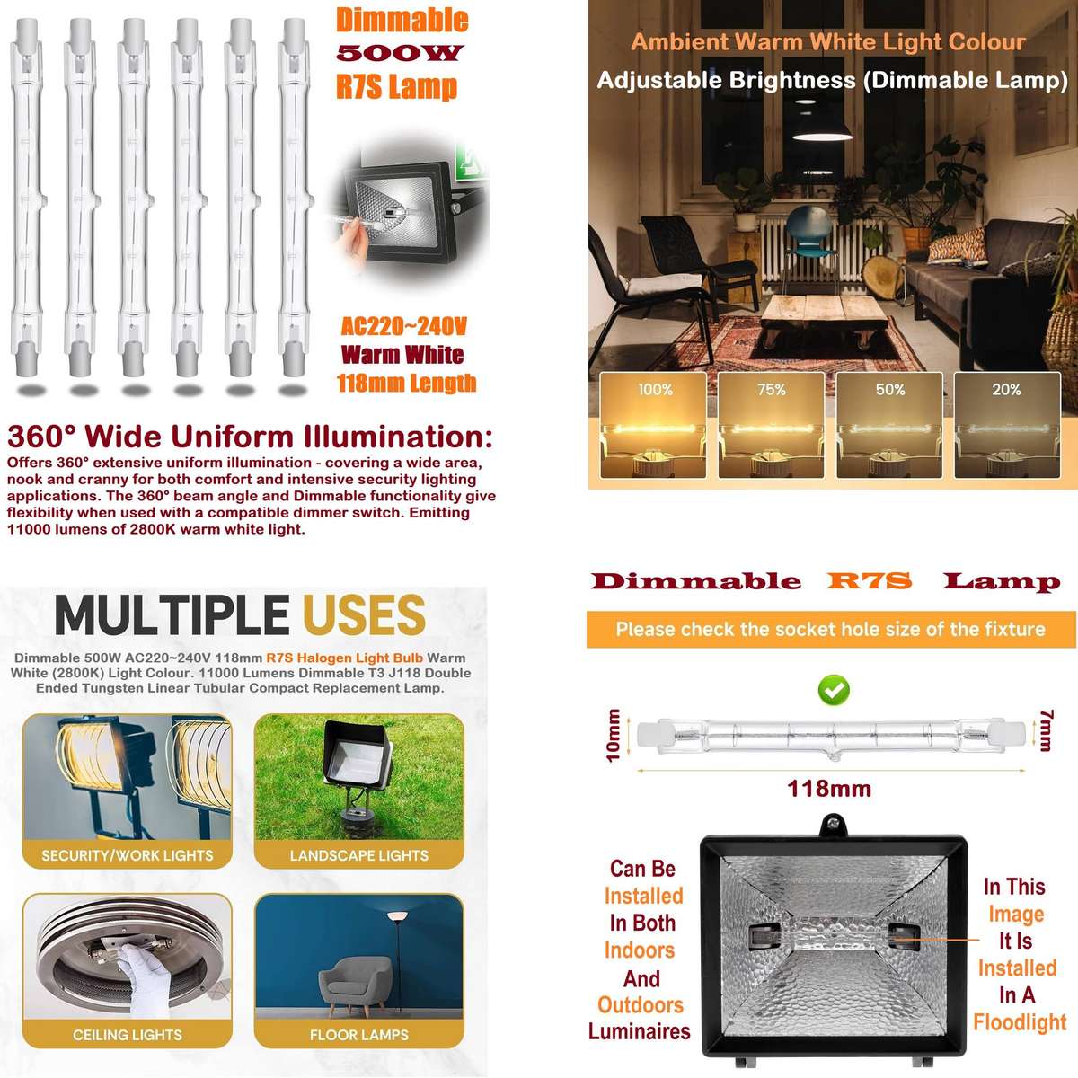 Dimmable 500W AC220~240V 118mm R7S Halogen Filament Light Bulb Warm White Light. Collections Allowed