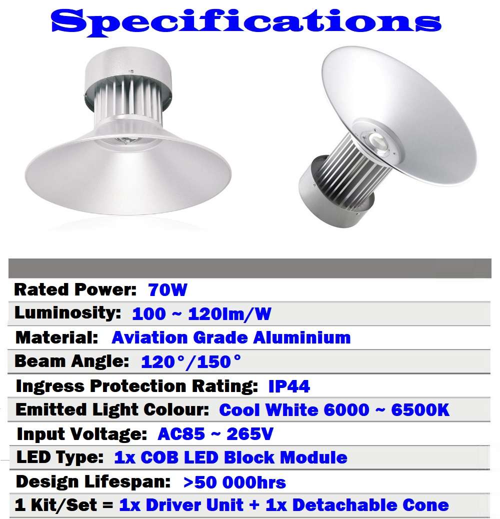 70W AC85~265V COB LED High Bay Lights. Super Bright Quality Grade Cool White. Collections Allowed.