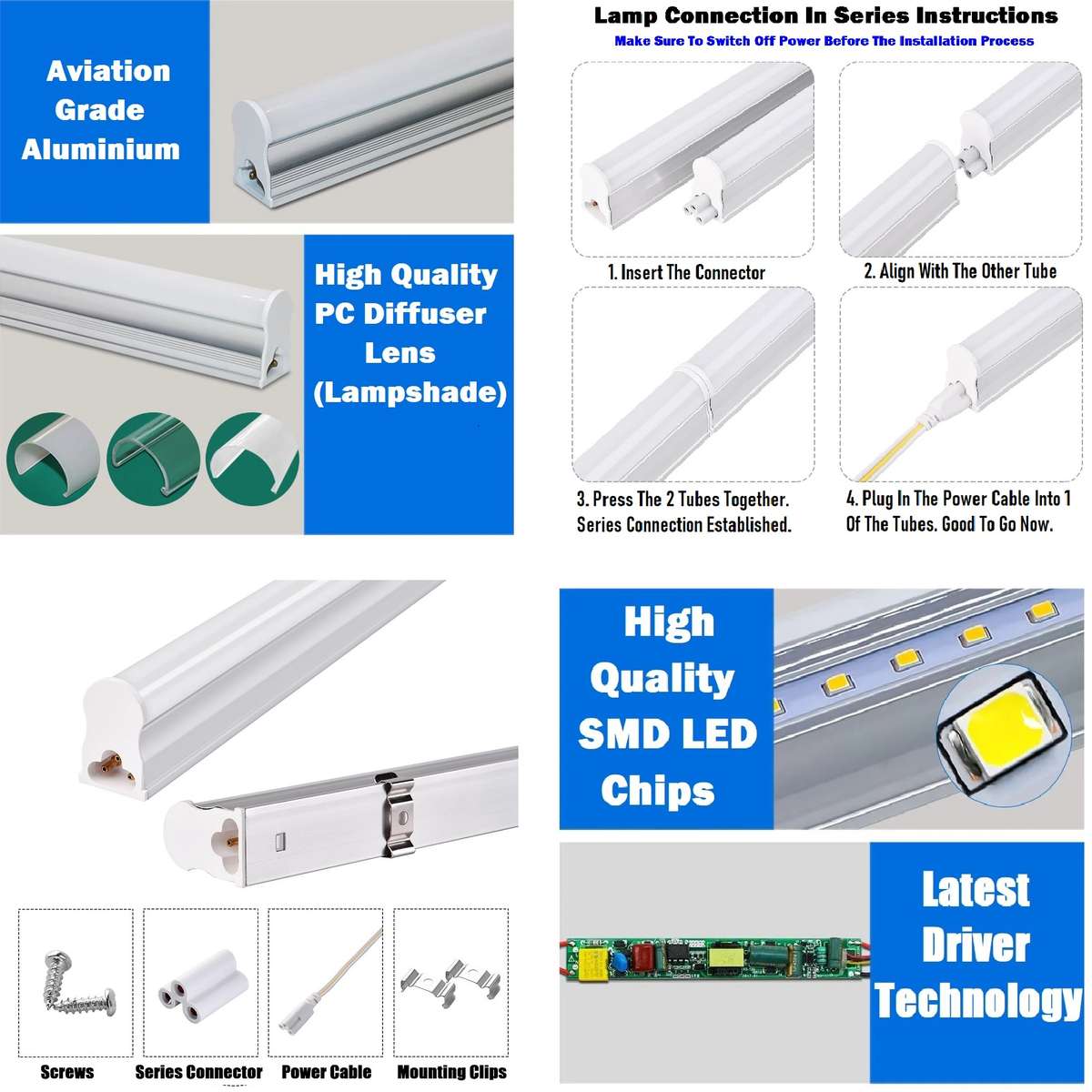 LED Integrated Blue T5 Tube Lights 60cm 0.6m Complete With Brackets & Fittings. Collections Allowed.