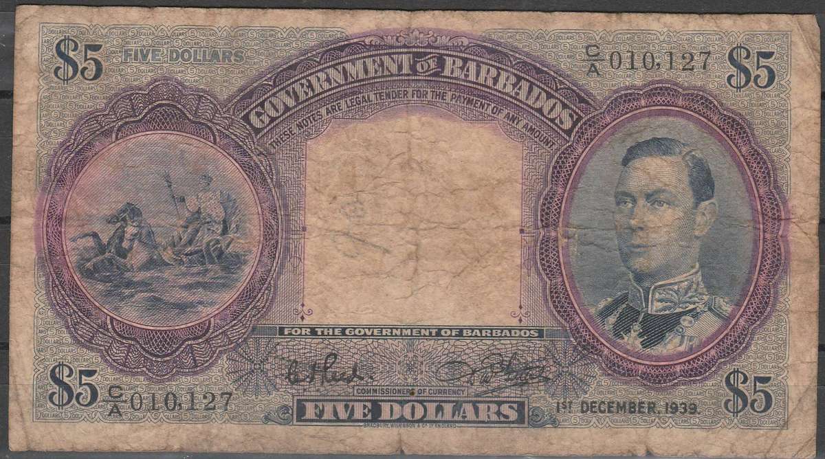 GOVERMENT OF BARBADOS 5$ BANK NOTE  ISSUE 1939 LOOOK SCAN X 2