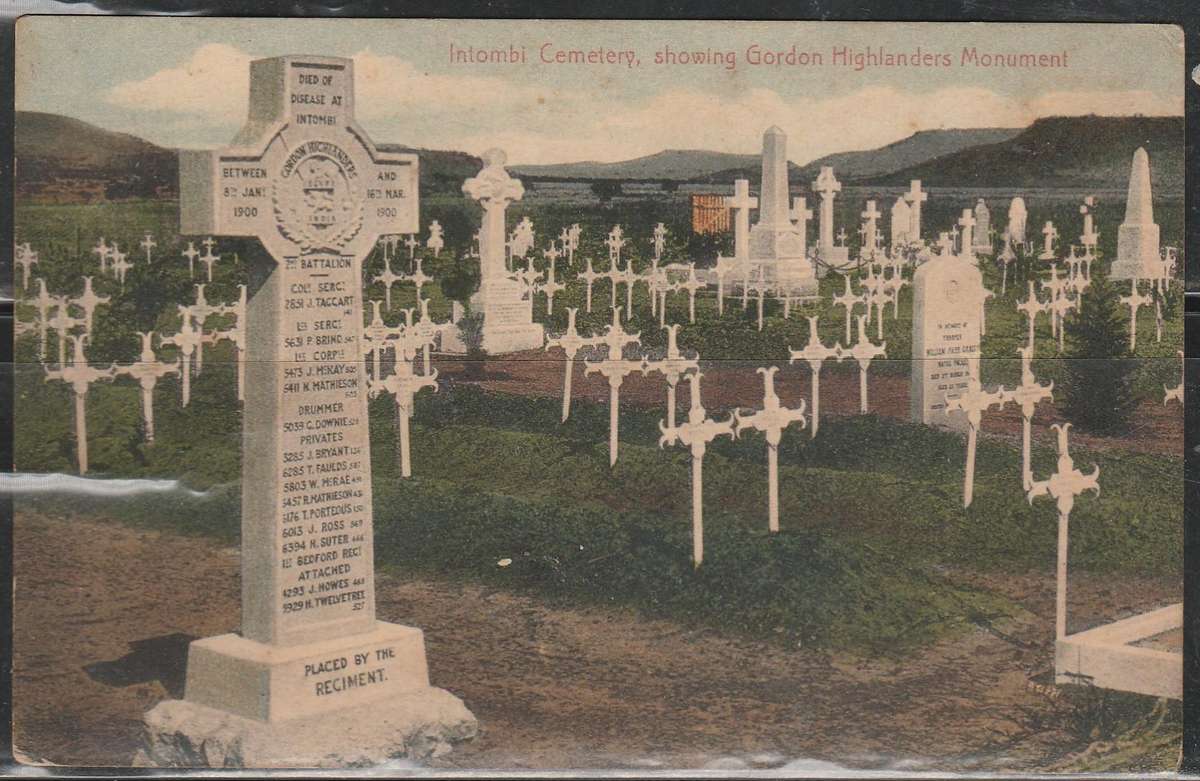 A LOVELY COLOUR PICTURE POST CARD SHOWING ITOMBI CEMETERY  GORDON HIGHLANDERS MONUMENT SCANS X2